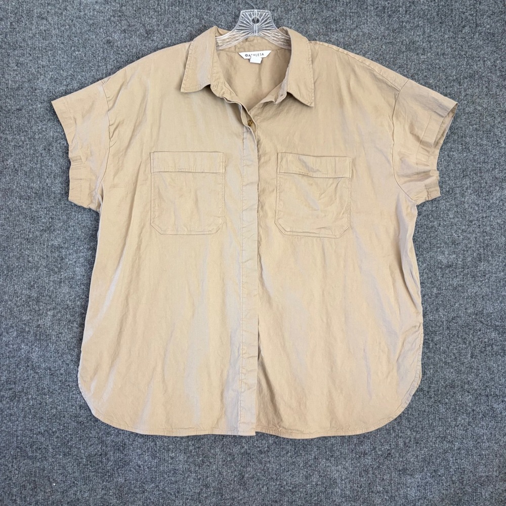 Athleta Button Down Shirt Womens L Tan Khaki Short Sleeve Pockets Boxy Utility